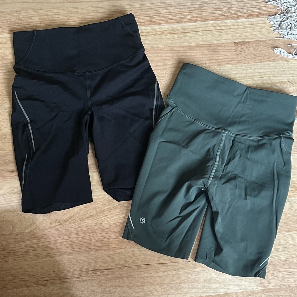 2 Lululemon High-Rise Bike Shorts in Black & green